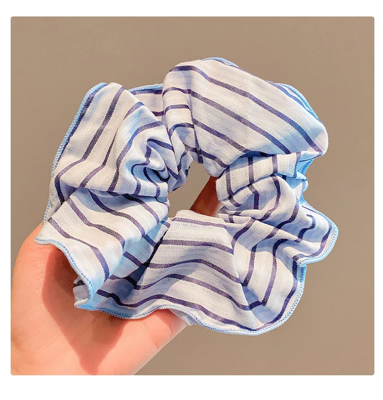Modisches, blau gestreiftes Haarband für Damen, großes Haarband mit Spitzenbesatz, elastisches Haarband, Haaraccessoires im Preppy-Stil. – Detail 7