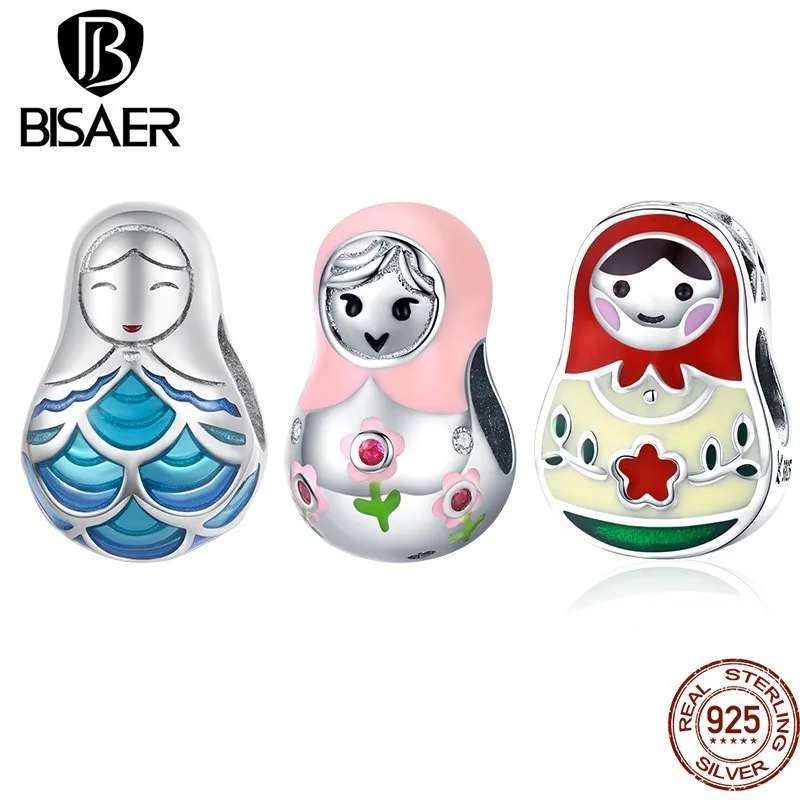 BISAER 925 Sterling Silver Three Colors Russian Doll Charm Bead Fit Original Women Bracelet & Necklace DIY Fine Jewelry EFC702