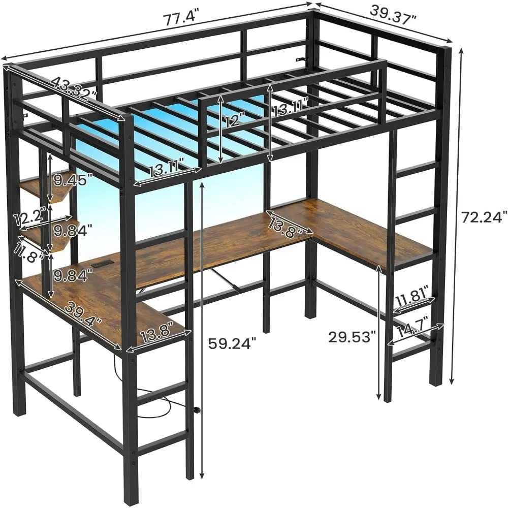 Cama de tamaño Loft con escritorio en forma de U y luces Led, marco de cama de Metal para Loft doble con estación de carga y estantes de almacenamiento