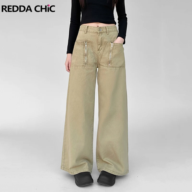 

Женские джинсы-карго REDDACHiC в западном стиле, цвета хаки, свободные, с низкой талией, на молнии, с карманами, прямые, широкие, из денима, в стиле ретро, для уличной моды