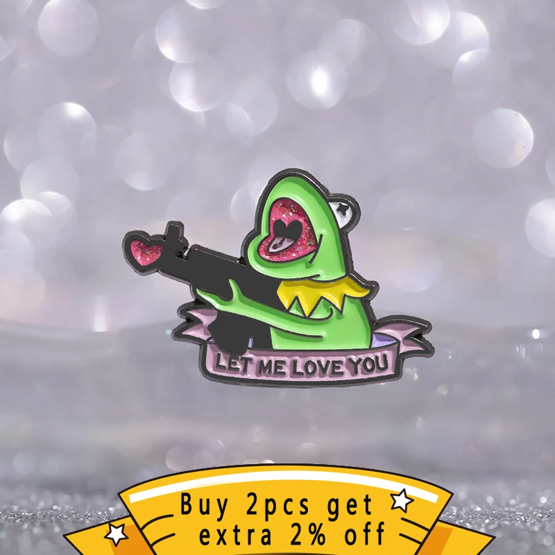 Let Me Love You Cute Frog Enamel Pin Glitter Pink Heart Sniper Brooches Badges Lapel Jacket Cartoon Animals Jewelry Wholesale