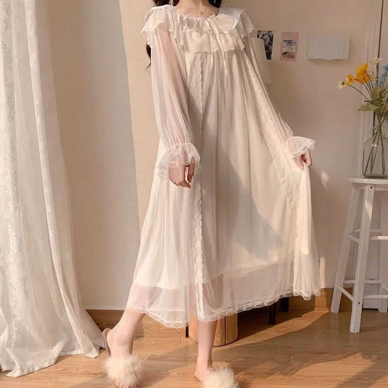 Nightgowns Women Princess Sweet Lace Patchwork O-neck Fairy Long Sleeve Nightdress Elegant Students Fashion Aesthetic Daily Ins