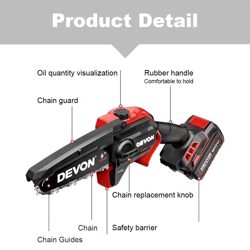 Devon 4559 Wiredless Chain Saw Brushless 20v 60ml 8m/s Automatic Oil Pump for Wood Cutting Universal Flex Battery Platform