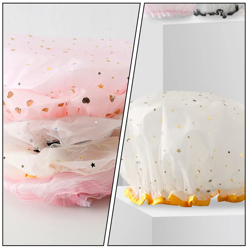 

3pcs Double-Layer Waterproof Bath Caps Elastic Thickened Reusable Shower Caps For Women Facial Care Creative Pattern Hair Oil