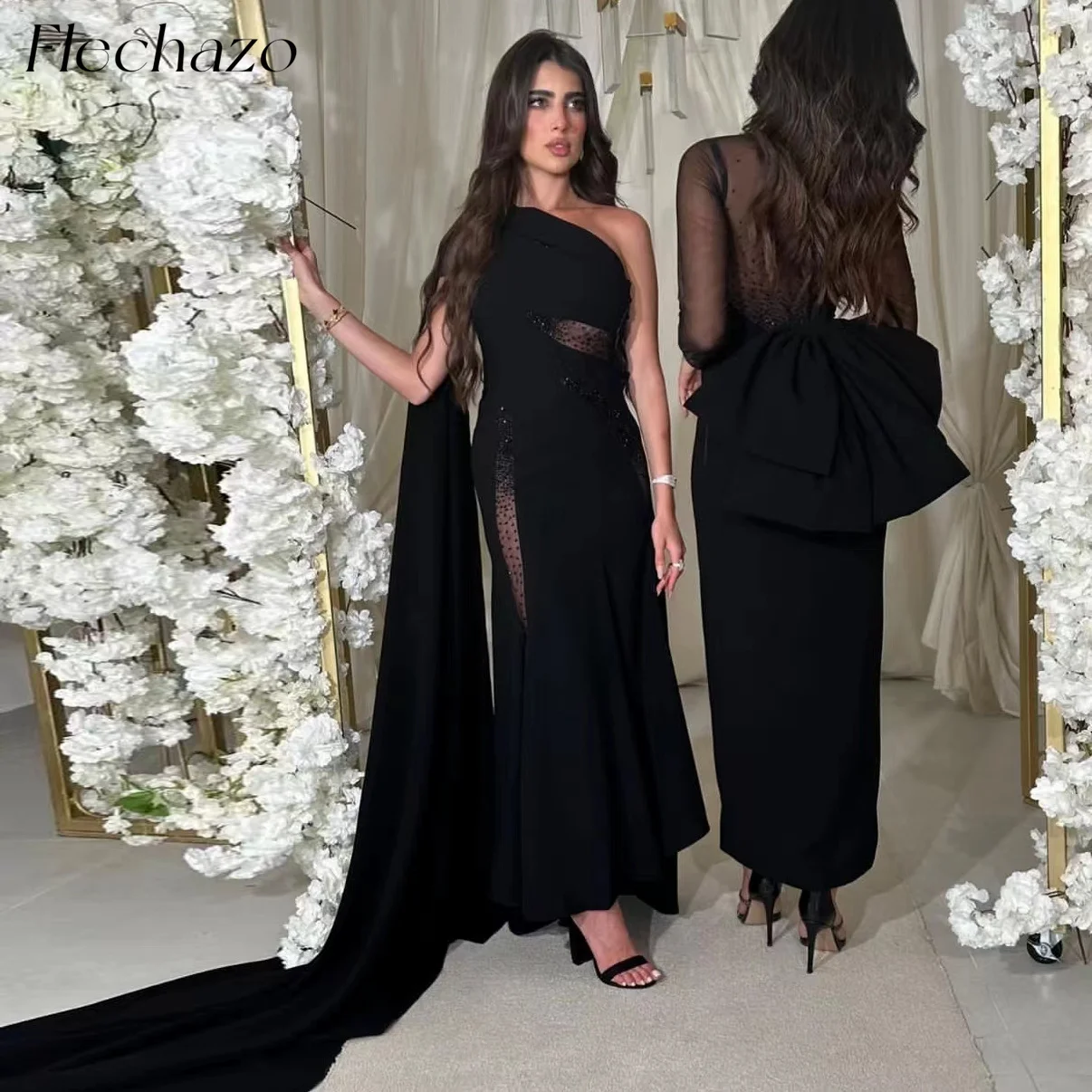 Flechazo Black Evening Dresses One Shoulder Floor-Length Illusion Bead Formal Party Dress For Women 2024 vestidos de gala