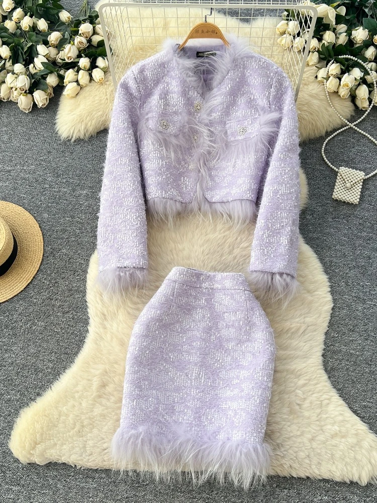 Französische Mode, elegantes 2-teiliges Set für Damen, schlank, glänzend, kurze Pailletten-Baumwolljacke + Rock mit hoher Taille, weiches weißes, schickes Luxus-Outfit