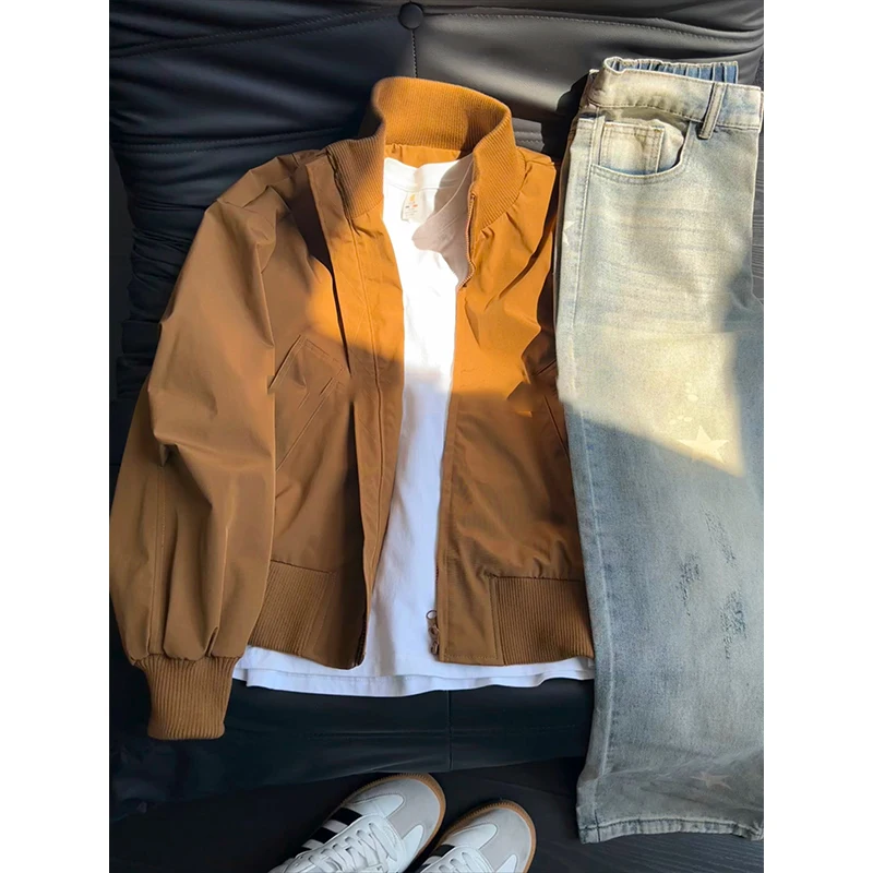 

Retro Khaki Men's Baseball Jaet Fall Barn Wind Collar American Pilot Coat Loose Fit Daily Wear Polyester Fiber Regular Thic...