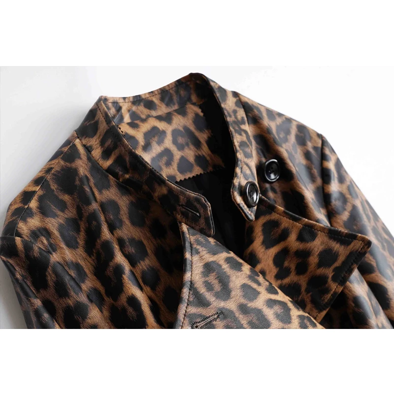 High Quality Women's Genuine Leather Trench Coat Fashion Leopard Print Ladies Lace-up Belt Pockets Long Sheepskin Trench Outwear