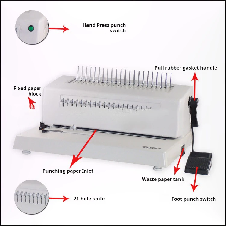 2088B Comb-type Electric Rubber Binding Machine, Electric Clip Punching Machine, 21 Holes, Fully Retractable Blade