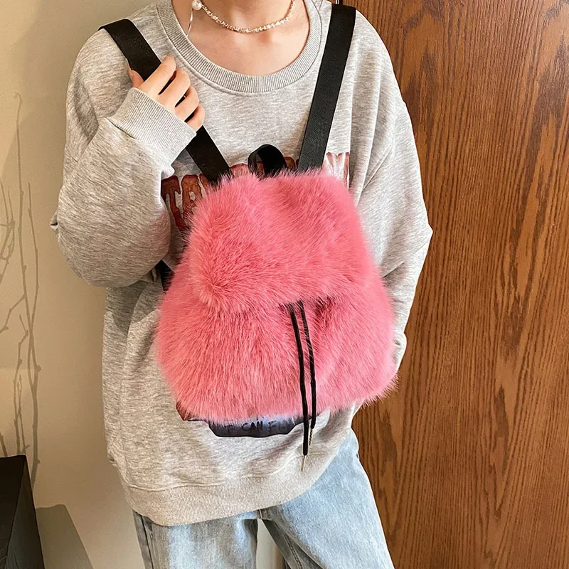 Cute Plush Mini Backpack Women's New Autumn And Winter Vintage Women's Backpack Student Class Commuter Small Backpack Bucket Bag