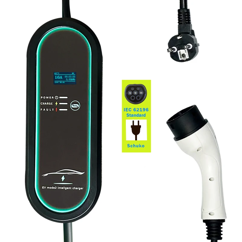 Level 2 Portable 3KW 3.7KW Type 2 IEC62196-2 Electric Car Charging EV Charger 13A 16A AC 5M TPU Cable for Home Portable Using