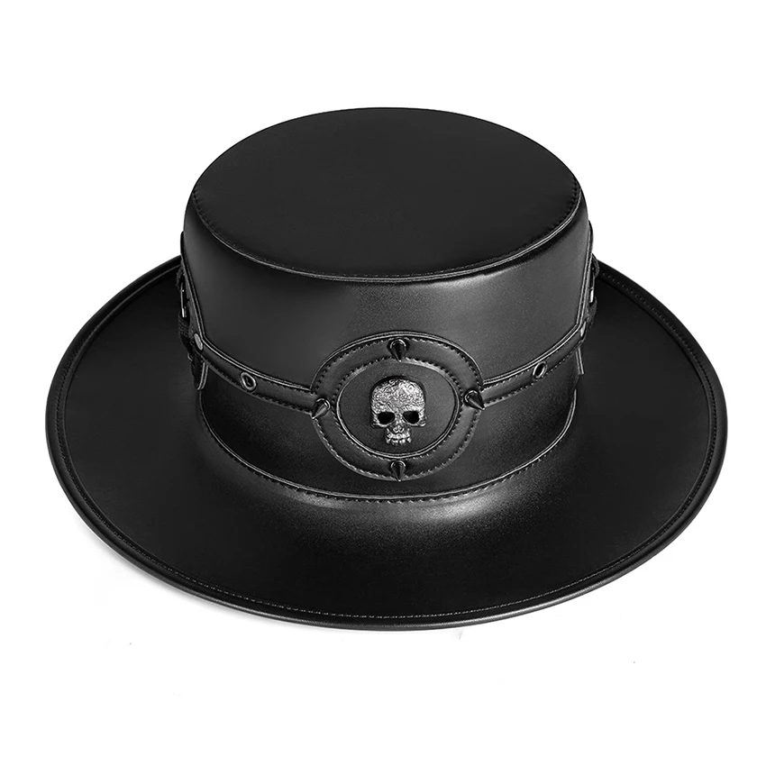 PU Leather Gothic Hat for Women Skull Magic Knight Cosplay Flat Formal Fancy Party Hat Halloween Steampunk Prop Adult Headgear