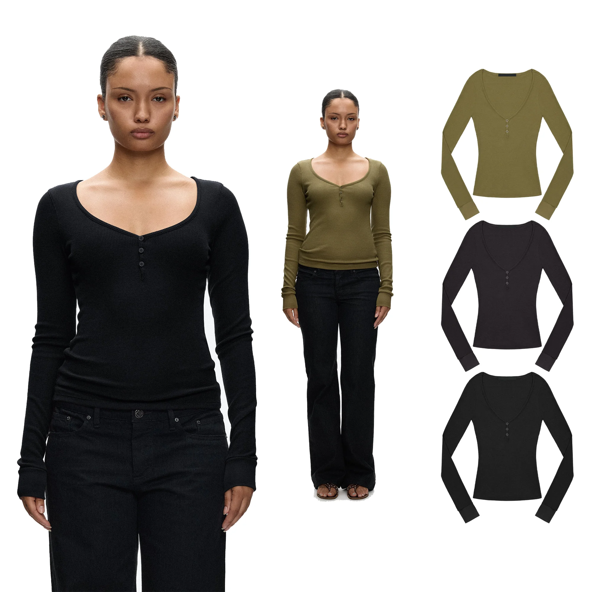 Tank Deep V-Neck Henley Shirt Long Sleeve Spring and Autumn Slim Fit Base Layer Top Hot Girl Solid Color Tight-Fitting Top Long Sleeve Base Layer Autumn and Winter Versatile T-Shirt