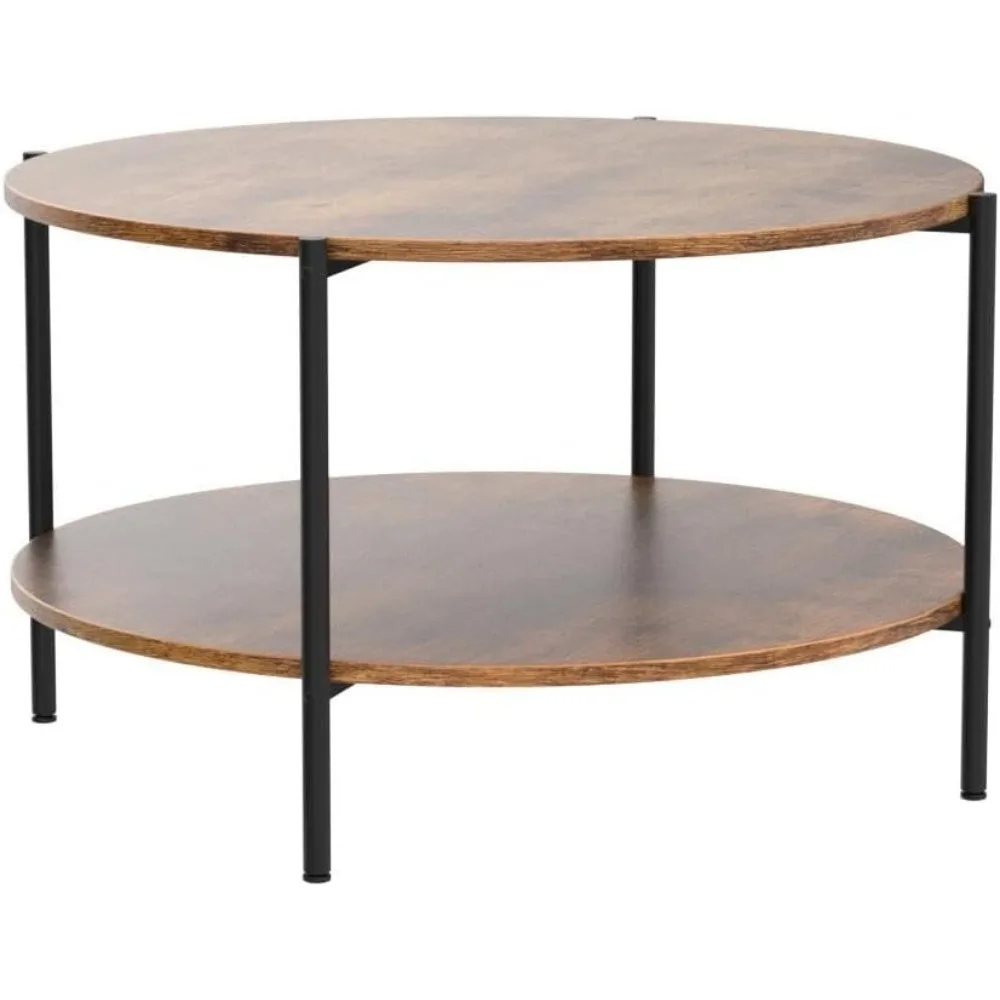 Table basse ronde pour salon, table centrale avec étagères de rangement ouvertes, bûches industrielles à 2 niveaux, 32.6 po