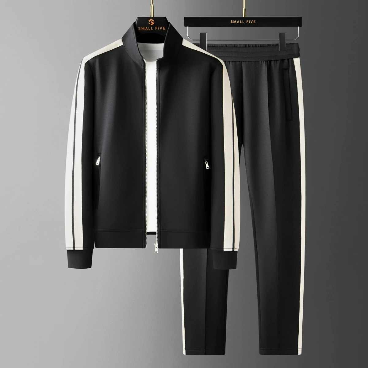 

Have a nice tone! Soft waxy elastic Modal air layer two-piece men's contrast color stand collar leisure sports suit