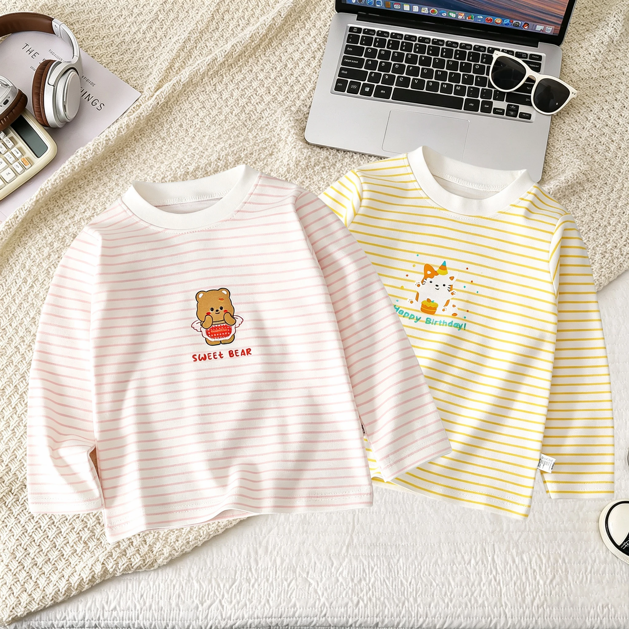 Baby Long Sleeve T‑shirt Cotton Striped Cartoon Bear Cat Print Toddler Boys Girls Casual Tees Autumn Kids Soft Base Layer Tops