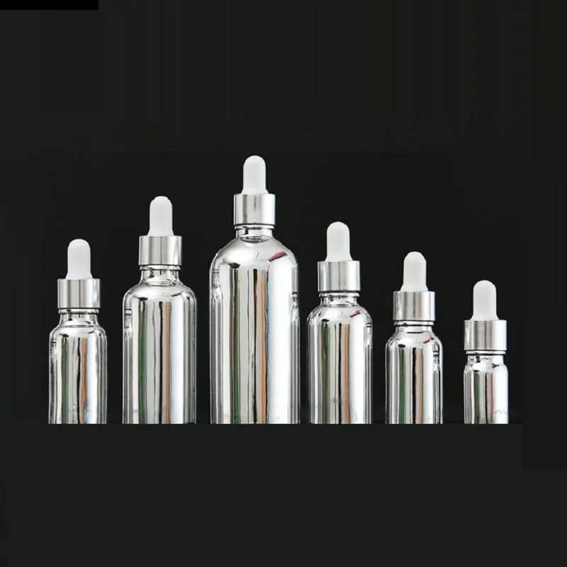 10ML 15ML 20ML 30ML Silver Glass Essence oil Bottle with Glass Pipette UV-plated Cosmetic Packaging Dropper Bottles 20 pieces