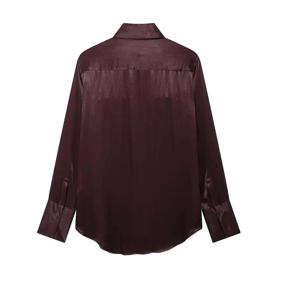 Women's New Pocket Decoration Silk Texture Crepe Fabric Lapel Shirt