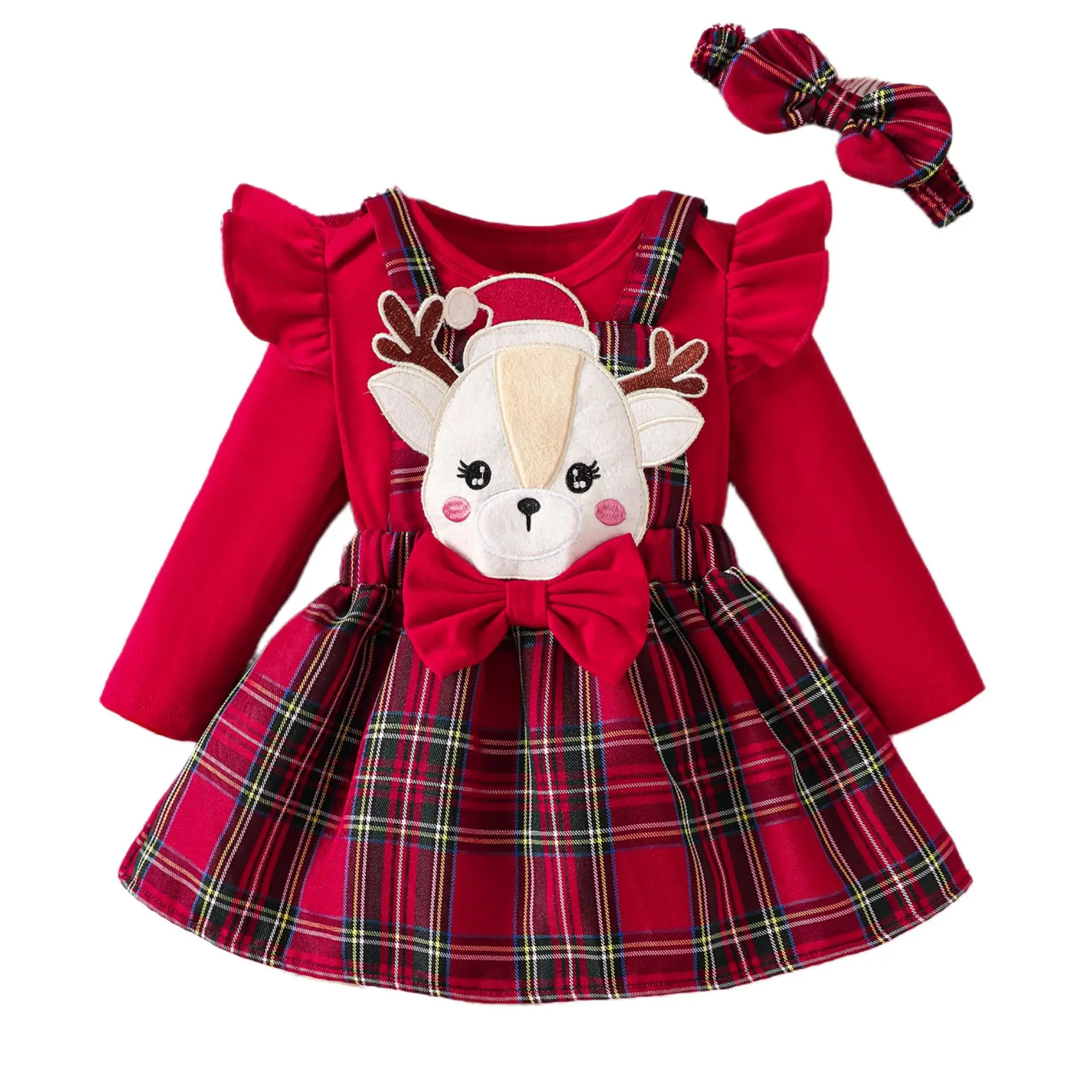 

MINISO Christmas Costume Baby Girl Reindeer Patch Plaid Strap Dress Headband Outfit 3-Piece Set Long Sleeve Romper 0-1 Years