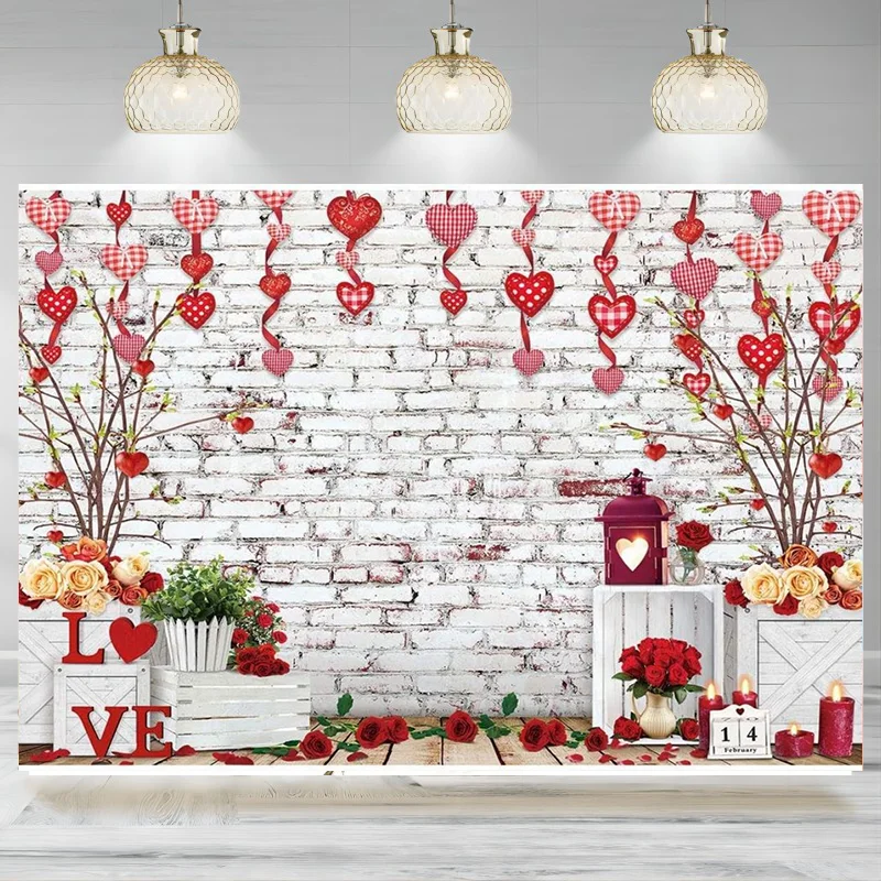 Valentine's Day Backdrop White Brick Wall Background Photography Wood Floor Red Rose Love Pendant Party Decorations Banner