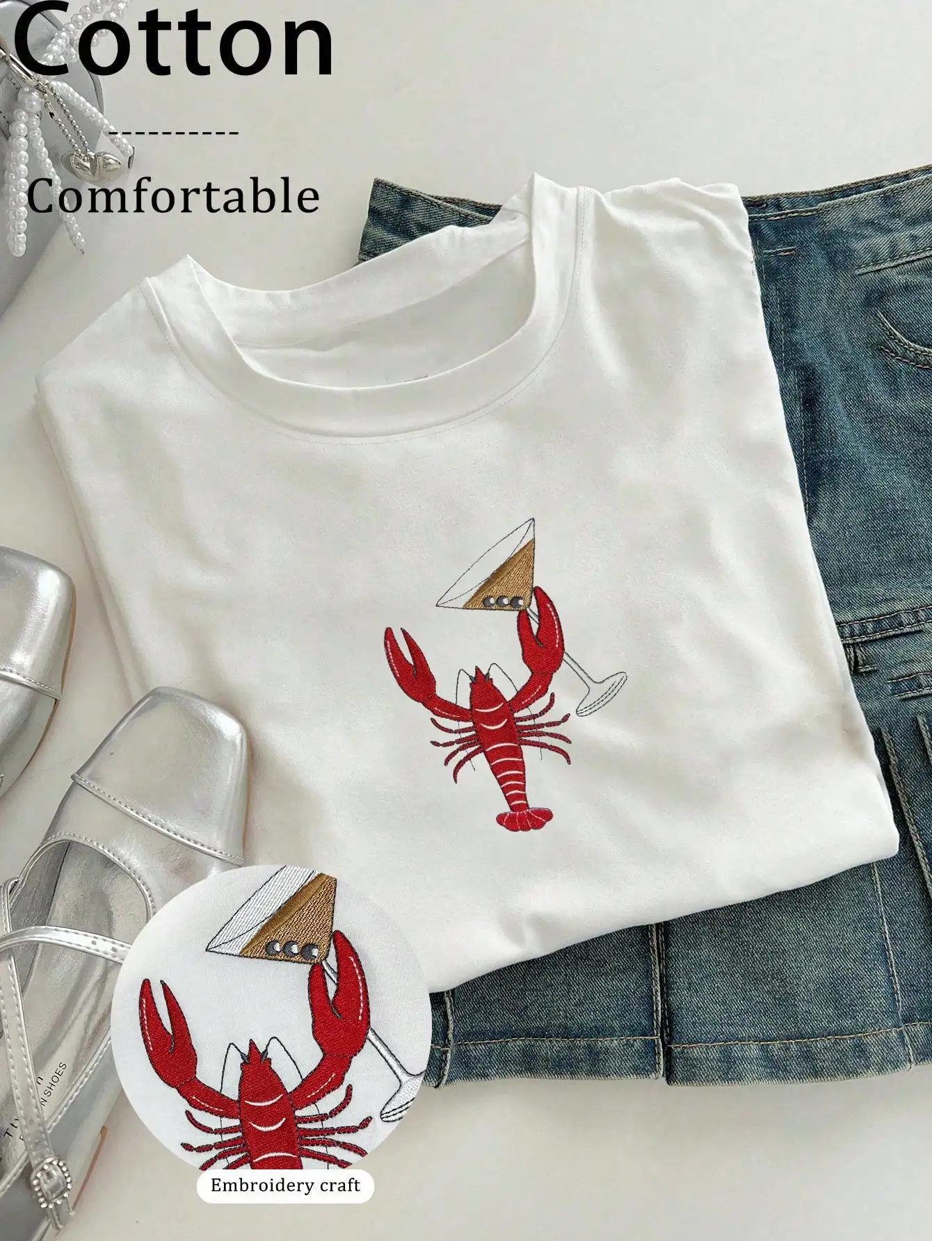 

Женская хлопковая футболка с вышитым рисунком лобстера и мартини, летний повседневный топ с круглым вырезом