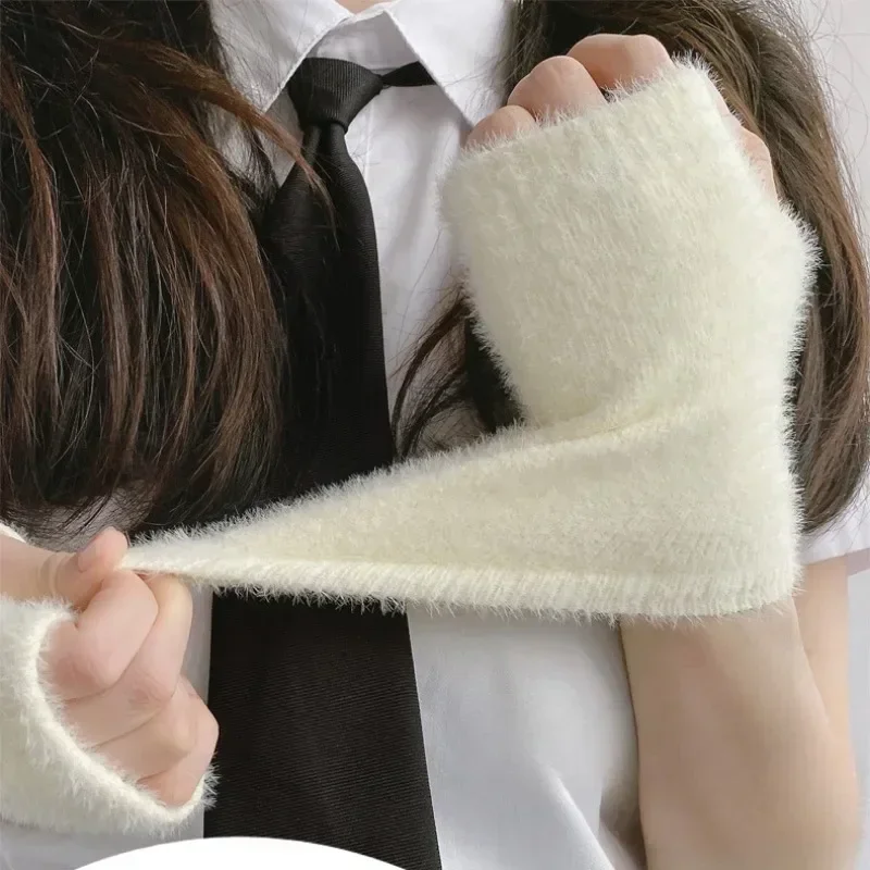 Plush Fingerless Gloves Knitted Fleece Long Gloves Japanese Style Winter Warm Mittens for Women Girls Solid Elastic Arm Warmers