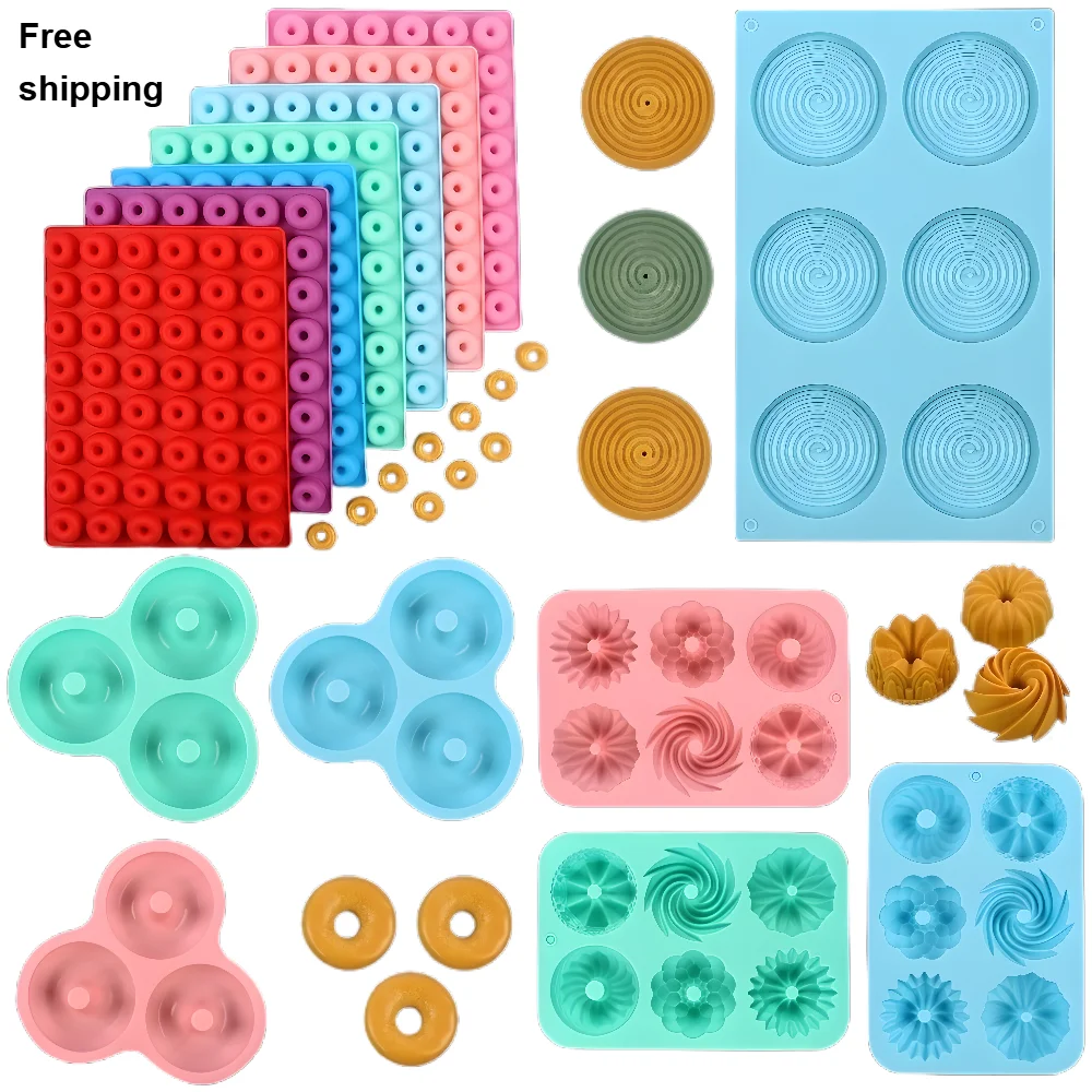 Varios estilos de moldes continuos para donas, utensilios para hornear, moldes para muffins Savarin, moldes de silicona para mousse.