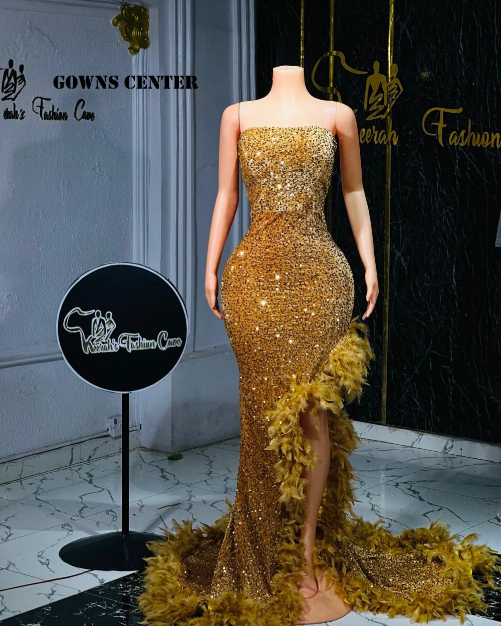

Chic Gold Feathers Split Aso Ebi Luxury Evening Dresses Velvet Sequin Mermaid Party Gowns African Ladies Dress Customized