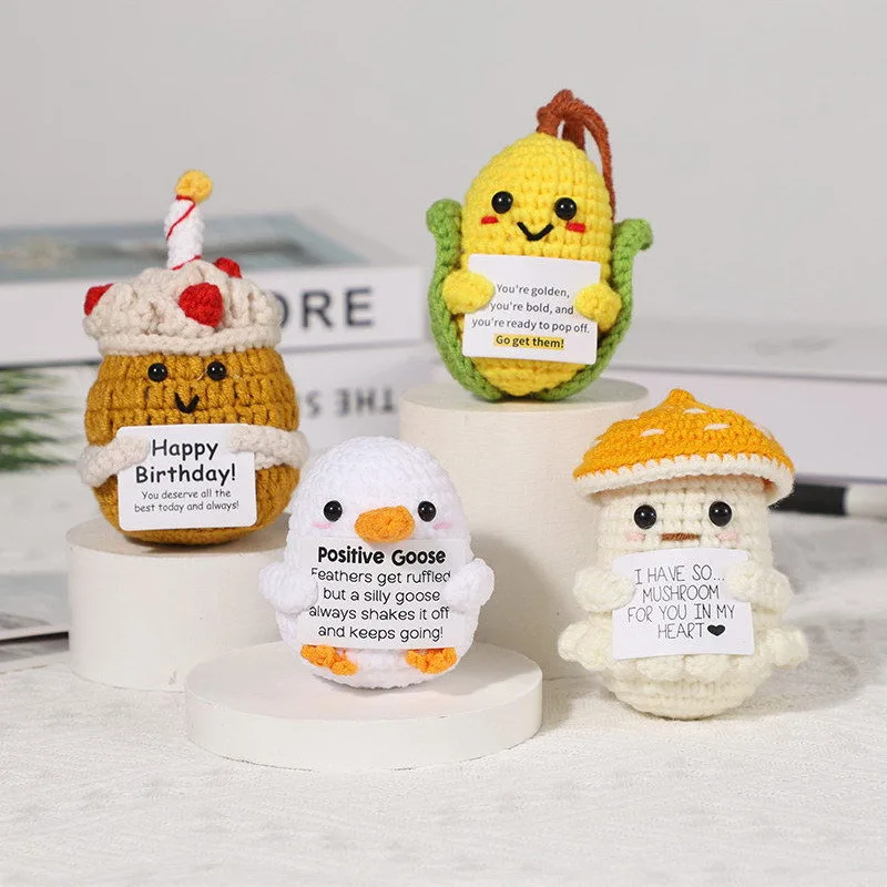 New Positive Energy Goose Hug Pocket Mini Handmade Plush Wool Knitting Doll with Card Funny Christams Gift Home Room Decoration
