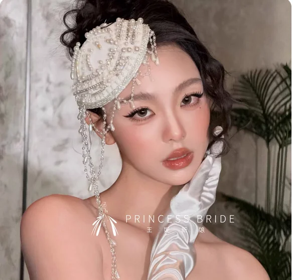 

Bride Pearl tassel hat main wedding hat headdress light luxury high sense performance photo catwalk hair accessories