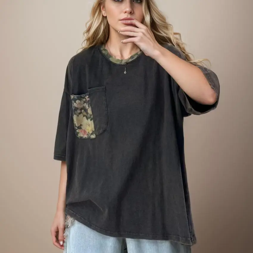 Dimanaf 2024 New Plus Size Summer Women Short Sleeve Loose Solid SplicedO-Neck Basic Hat Tops Buttons T-Shirt New 6131