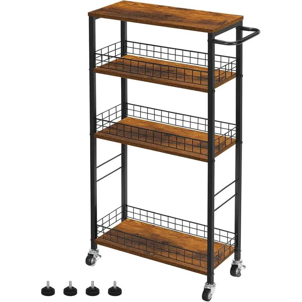 

Slim Storage Cart 4 Tier Narrow Kitchen Rolling Cart with Wooden Tabletop Mobile Utility Stand on Wheels or Bathroom Laundry Nar
