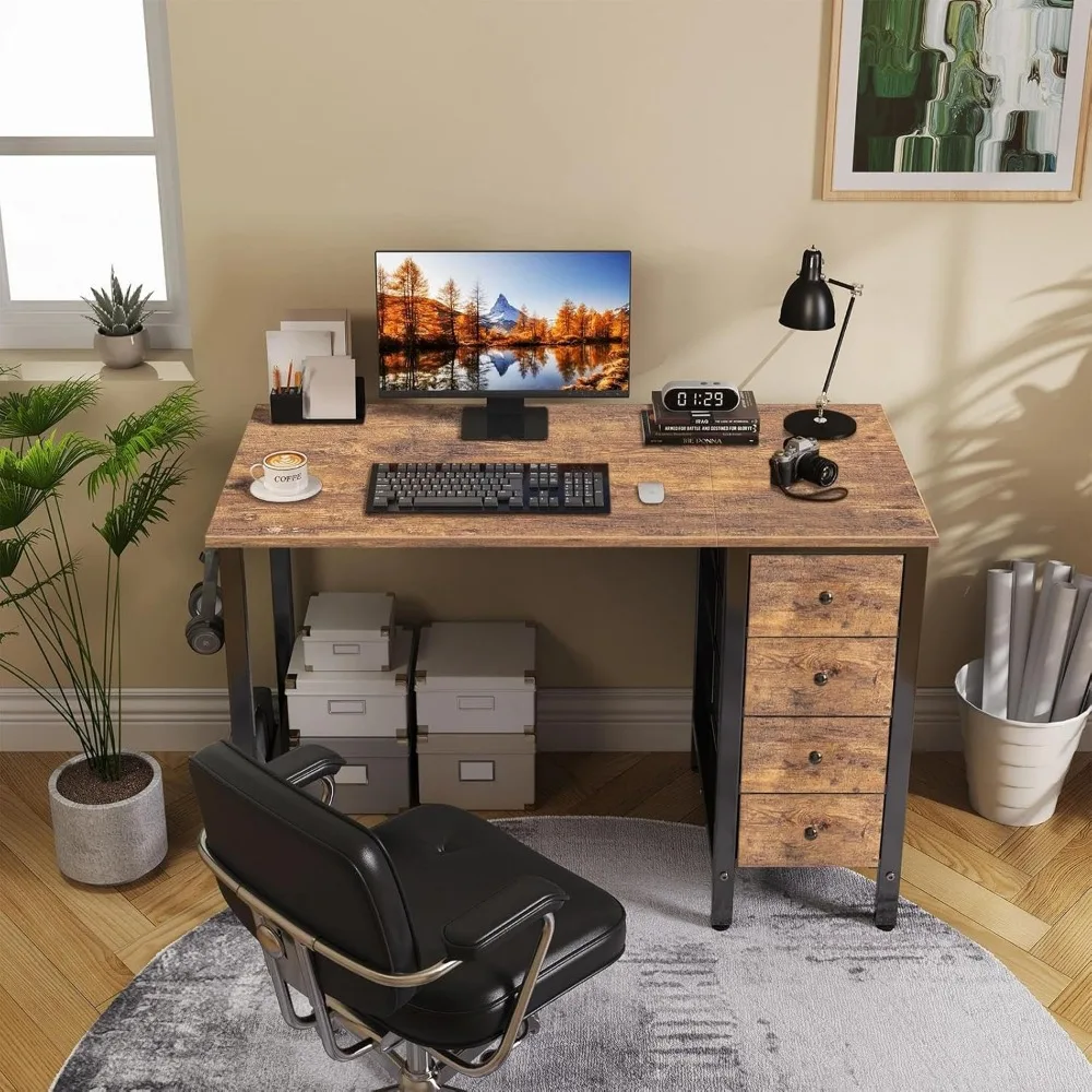 47 Inch Modern Computer Desk with 4 Fabric Drawers - Reversible Writing Study Desk for Home Office, Bedroom Use