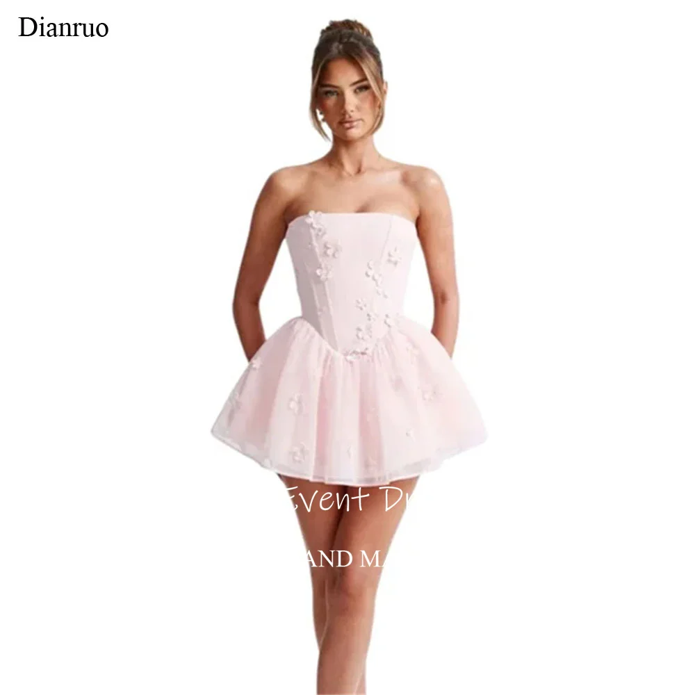 

Dianruo Pink Mini A Line Homecoming Dresses Strapless Lace Up Stain Party Gown Backless Flower Pleat Robe D'été Femme Customized
