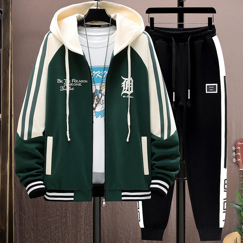 Hooded Jacket Pants Set Men Cotton Korean Harajuku Baseball Jersey Trousers 2 Piece Set Fashion High Quality Men's Sports Suit