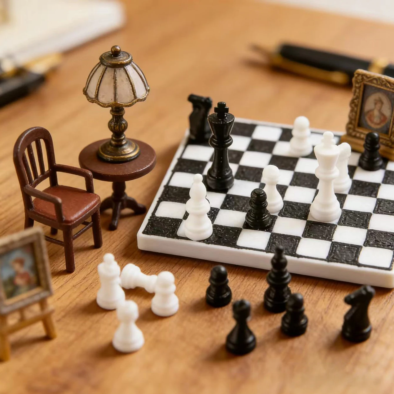 1set/Miniature black and white chess set, dollhouse tabletop decoration, dollhouse scene prop for photography view 4