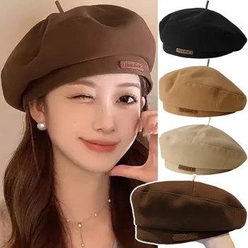 Retro Handgemaakte Baret Lente Herfst Vrouwen Zwart Beige Wollen Baret Kaki Bruin Schilder Hoed Vrouwelijke Winter Temperament Sense Cap