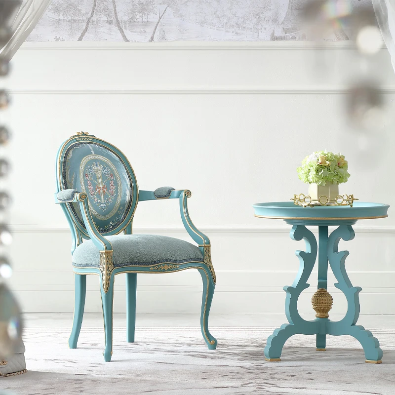 

!@Classical French Accent Round Back Handmade Wood Dining Chair with Arms Vintage Design for Hotel Use