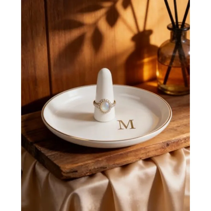 Ring Holder Dish, Personalized Mothers Day Gifts for Mom, Monogrammed Ceramic Jewelry Tray with Ring Cone, Wedding Birthday Chr