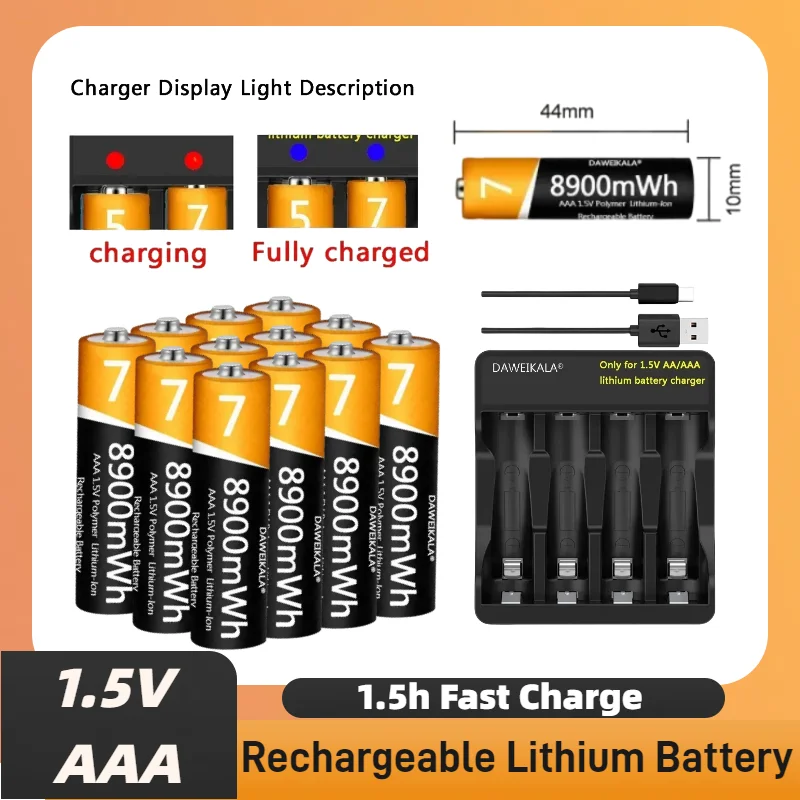 

High Capacity USB Rechargeable AAA Lithium Battery 1.5V 8900mWh - Long Lasting for Remote Control, Mouse, Electric Toys