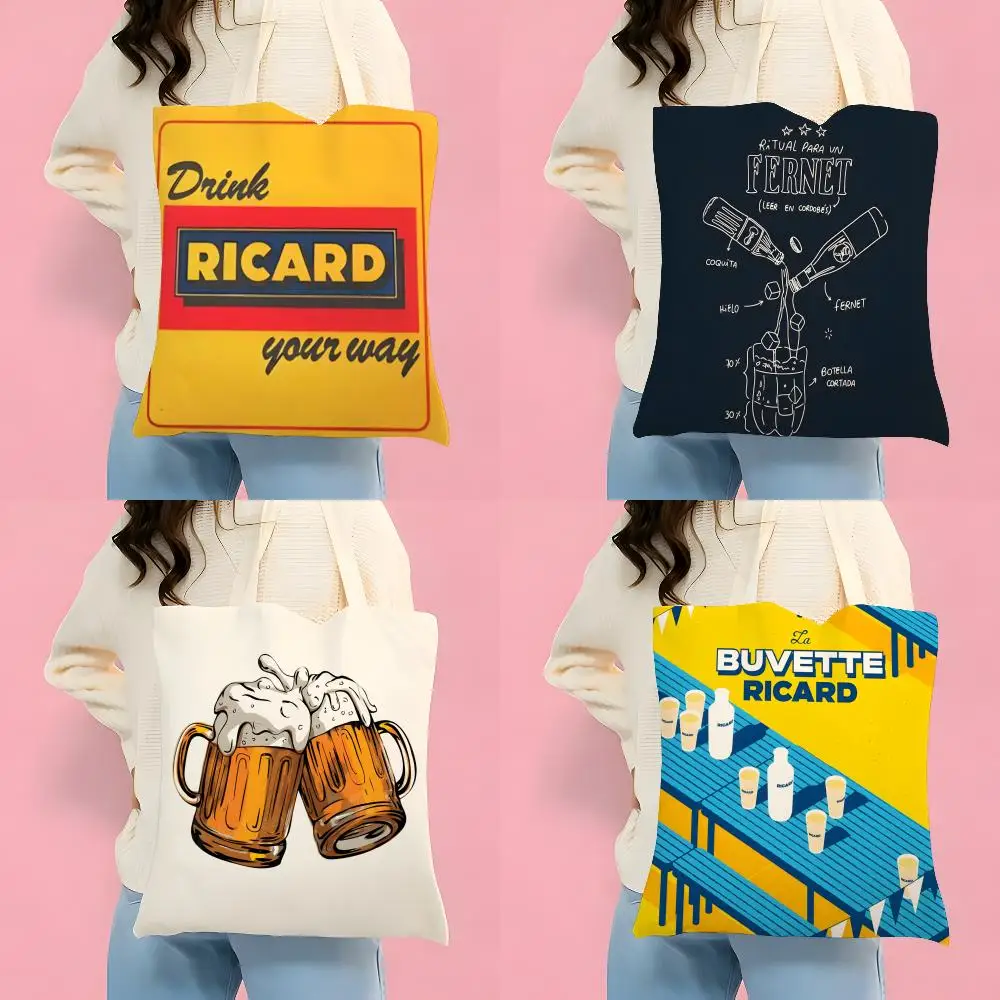 Storage Bags Double-Sided Printed Canvas Tote Bag Eco-Friendly Reusable Handbag Retro Classic Wine R-Ricard Beer 1