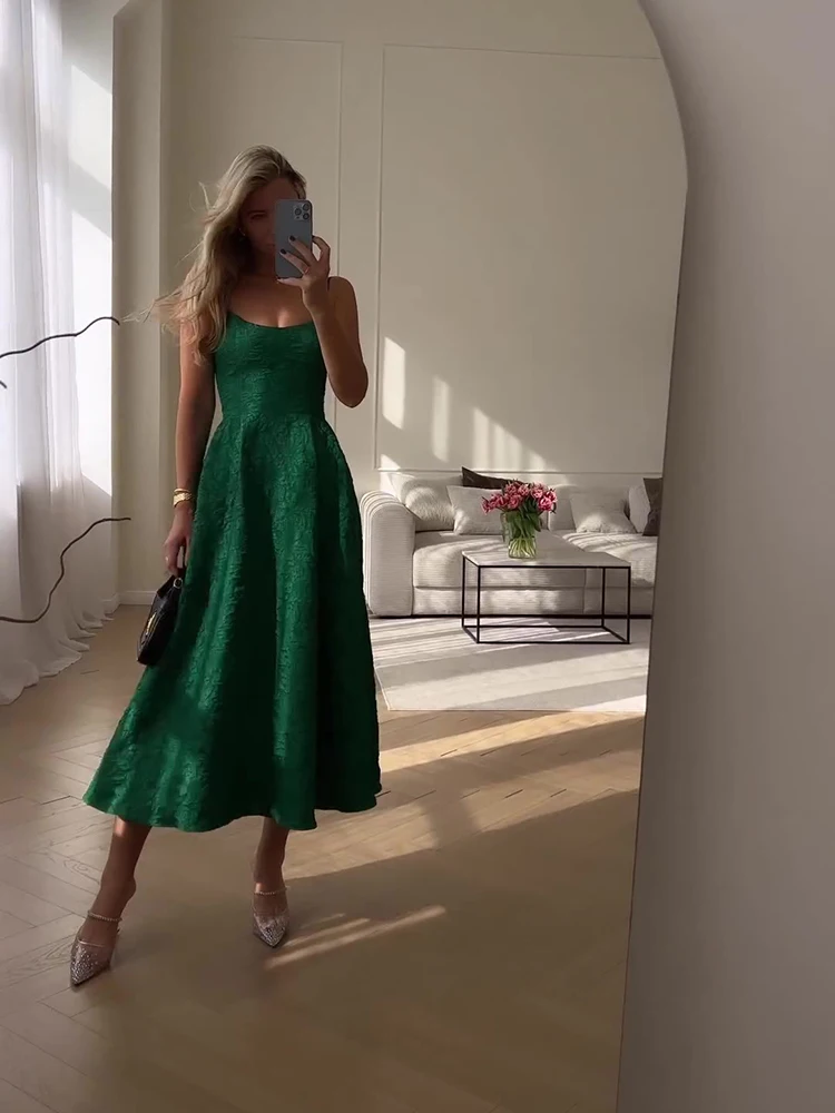 Elegant Green Big Swing Strap Dresses Spring Women Wrinkled Sleeveless Loose Dress Summer High Waist Knee Length Camisole Dress