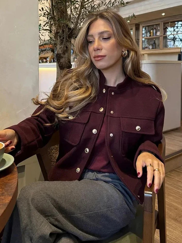 

Женская мягкая твидовая куртка-бомбер с круглым вырезом и длинными рукавами, карманами на пуговицах, свободное шерстяное пальто, женская уличная одежда, осенне-зимняя верхняя одежда