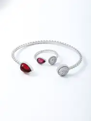 A European and American new copper plated 14K gold fashion retro water drop color zirconium bracelet ring set