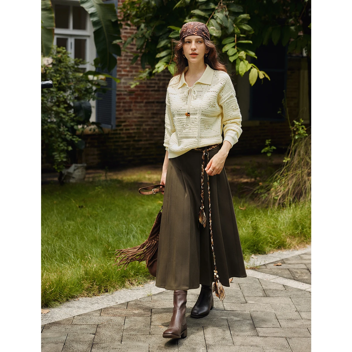 OLrain Women's Pleated Skirts 2026 Autumn High-waist Loose Midi Skirt Solid Lace Up A-line Skirt Elelgant Clothing O57QB001363
