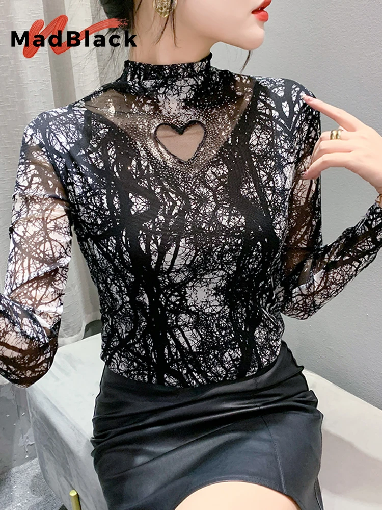 

MadBlack European Clothes Tshirt Women Sexy Mock Neck Hot Drill Slim Mesh Tops Long Sleeve Elastic Tees Autumn Winter T39925JC