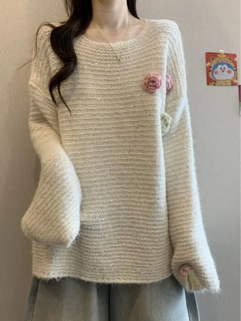 스웨터 니트웨어 여성 플러스 사이즈 아름다운 꽃무늬 회색 스웨터 여성 니트웨어 긴팔 탑 가을 겨울용