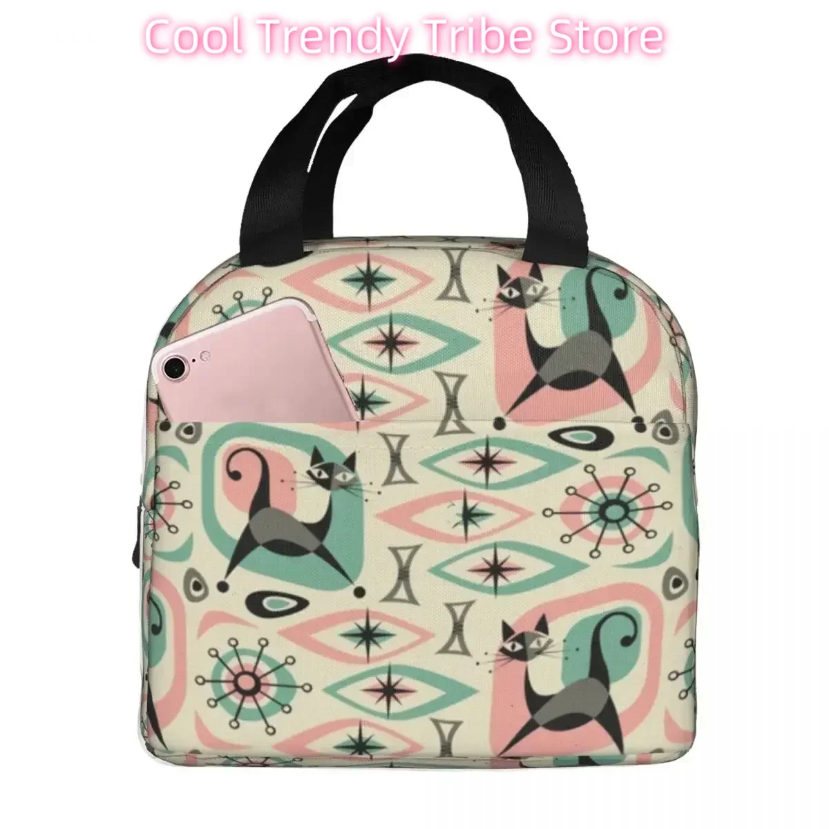 Mid Century Cat Abstract Insulated Lunch Bags Resuable Picnic Bag Thermal Cooler Lunch Box Lunch Tote for Woman Work Kids School