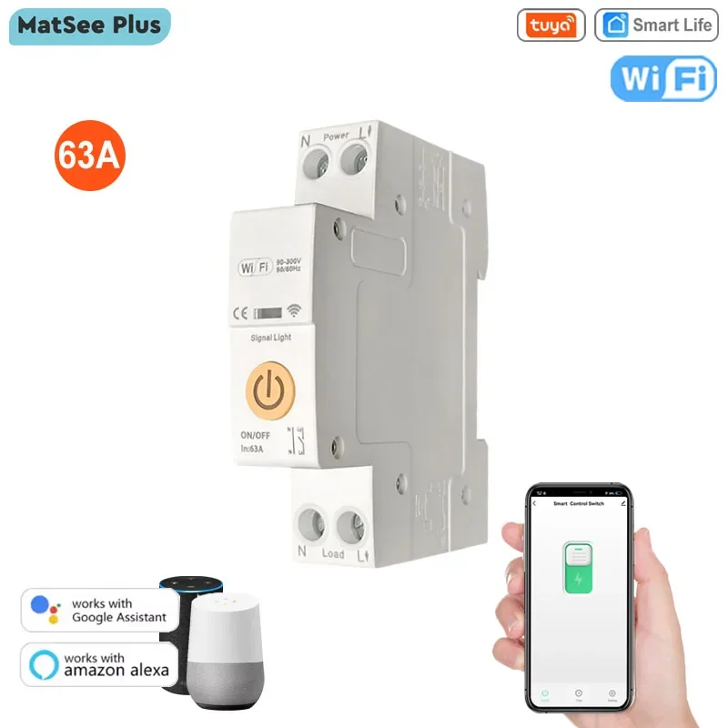 Tuya Smart Life WiFi 63A Circuit Breaker Switch 1P+N Timer App Remote Control Works with Google Home Alexa Home Automation