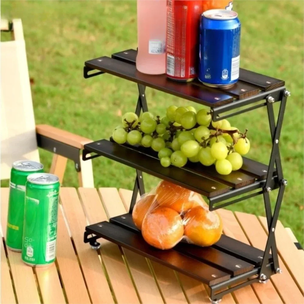 

CANBOUN Camping Folding Shelf Stainless Steel Solid Wood Triple Folding Shelf Portable Multifunctional Outdoor Foldable Storage